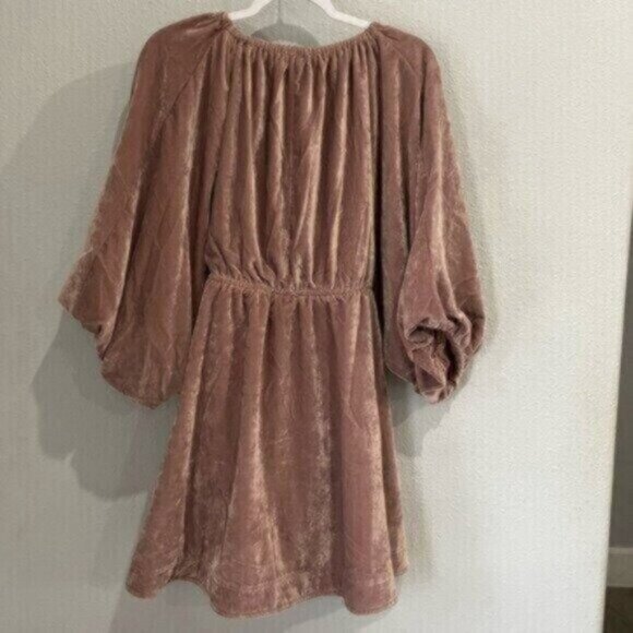 New Free People Boho Velvet Neutral Mini Dress Feminine Puff Sleeve V Neck - Picture 9 of 9